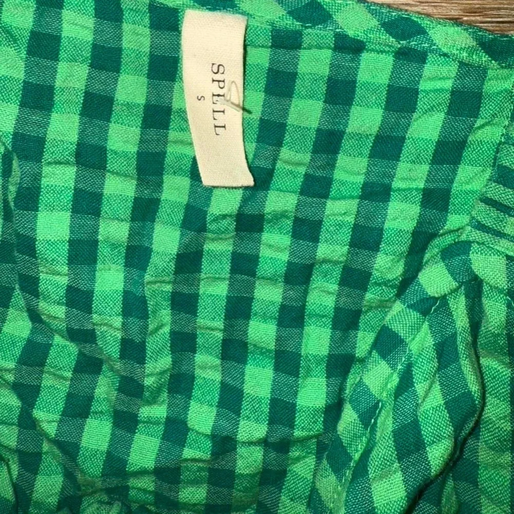Spell green top Cottagecore Green Gingham Tie Front Crop Top